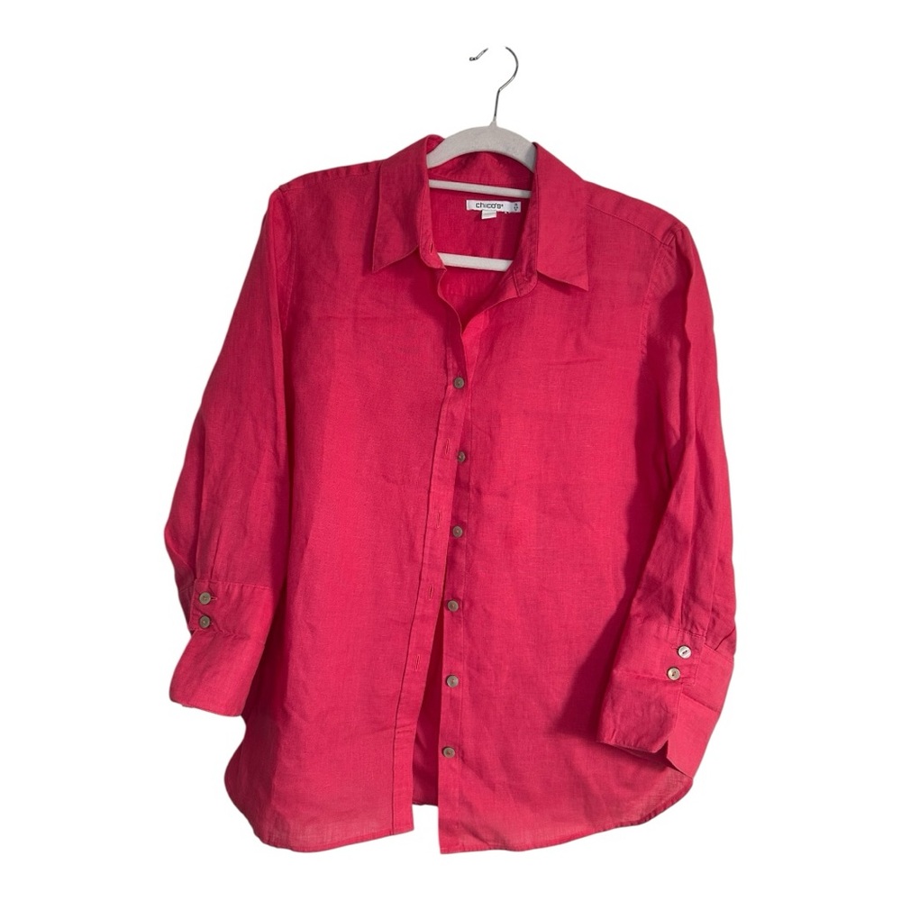 Chicos Pink 100% Linen 3/4 sleeve Button Down Shirt Size 10 Boho Lagenlook